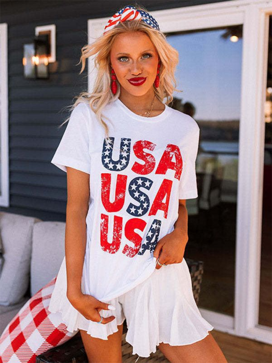 T-Shirts- Patriotic Women's USA Flag Print T-Shirt Top- White- Chuzko Women Clothing