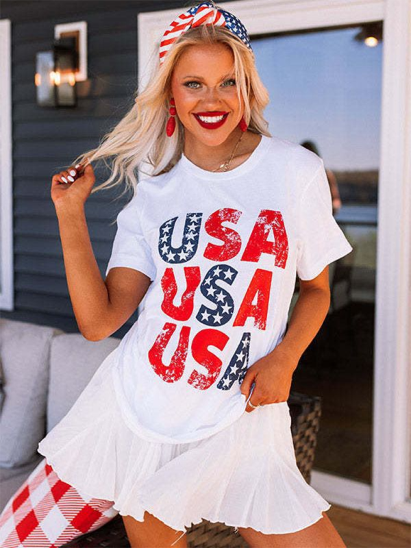 T-Shirts- Patriotic Women's USA Flag Print T-Shirt Top- - Chuzko Women Clothing