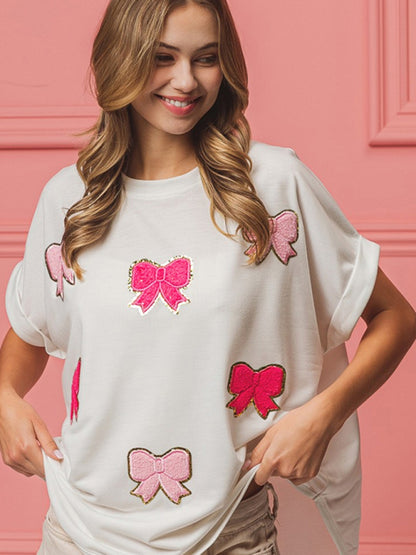 Sparkle Women's Festive Oversized T-Shirt with Embroidered Bows