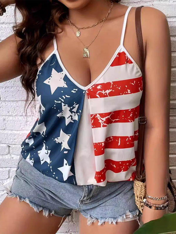 Tank Tops- Women's Flag Print Sleeveless Top - Patriotic Camisole Tank- Blue- Chuzko Women Clothing