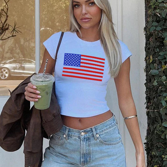 Tees- American Flag Crop Tee for Memorial Day - National Holidays T-Shirt- White- Chuzko Women Clothing