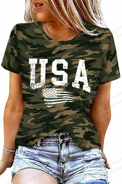 Tees- Celebrate America Patriotic Print T-Shirt for Women & Girls- Green- Chuzko Women Clothing
