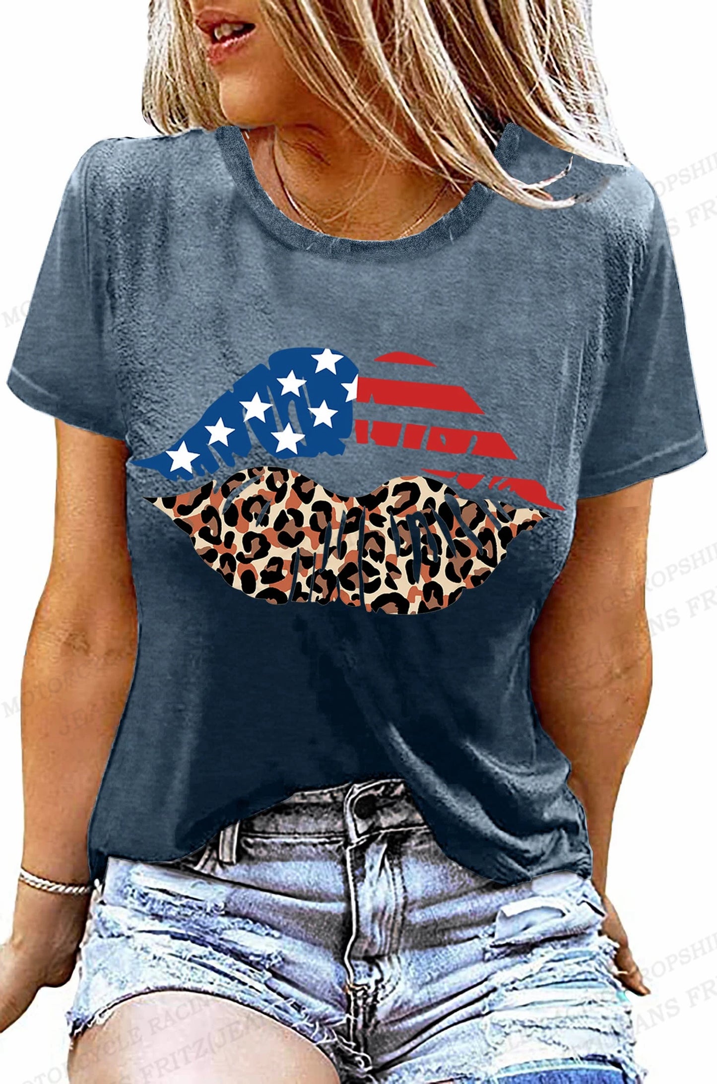 Tees- Celebrate America Patriotic Print T-Shirt for Women & Girls- Grey Blue- Chuzko Women Clothing