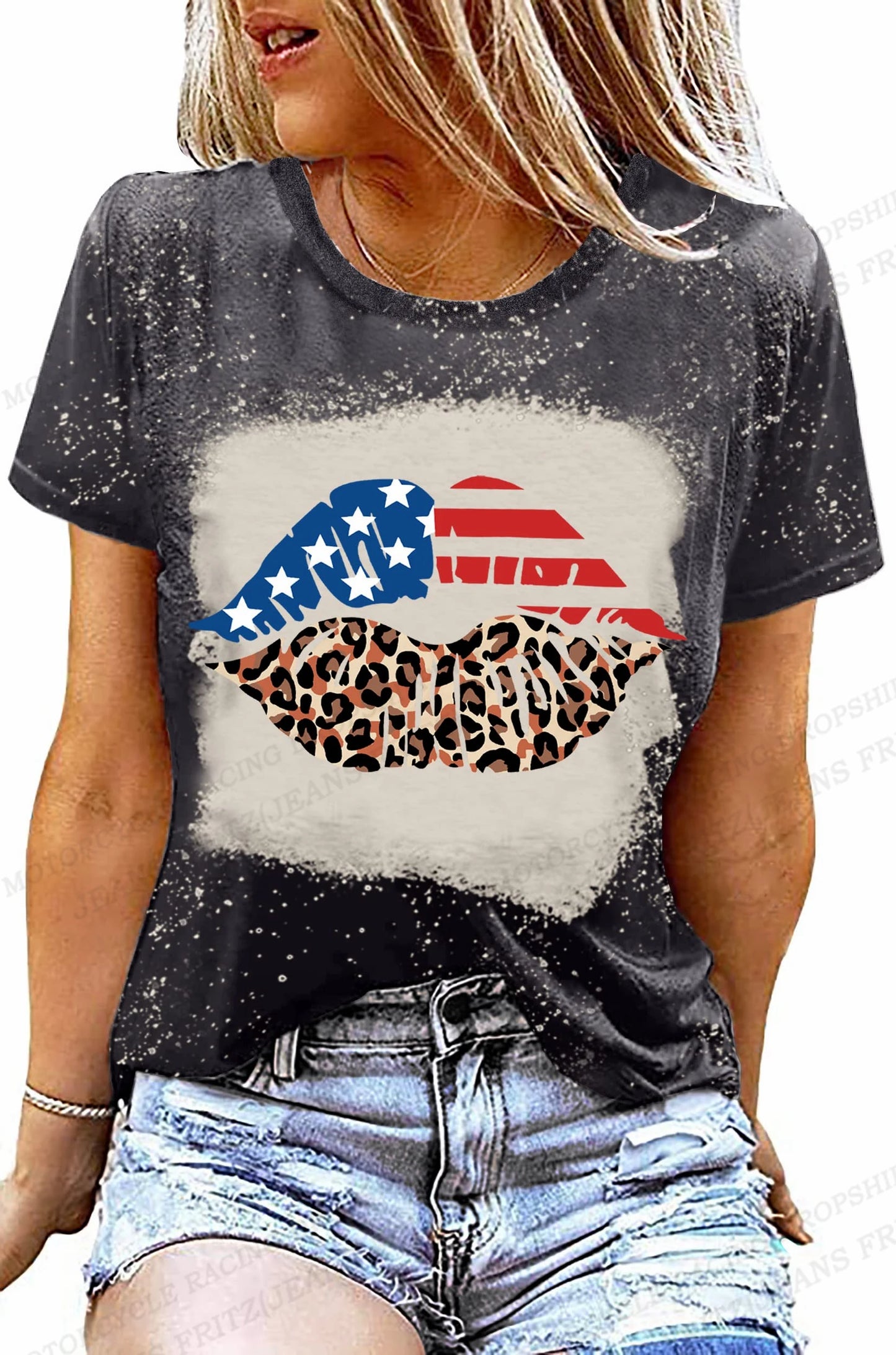 Tees- Celebrate America Patriotic Print T-Shirt for Women & Girls- Grey 3- Chuzko Women Clothing