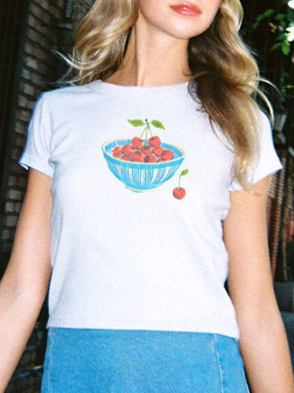Cherry T-shirt d'été à manches courtes pour femme en mélange de coton