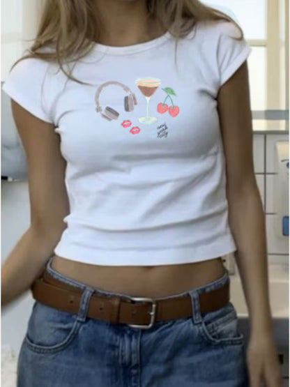 Cherry T-shirt d'été à manches courtes pour femme en mélange de coton