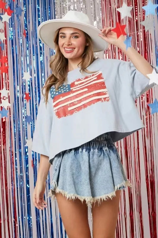Tees- Distressed American Flag Tee for Patriotic Events- XXL XL M L S- Chuzko Women Clothing