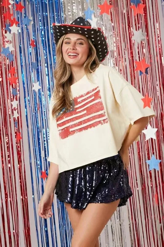 Tees- Distressed American Flag Tee for Patriotic Events- M L S XL XXL- Chuzko Women Clothing