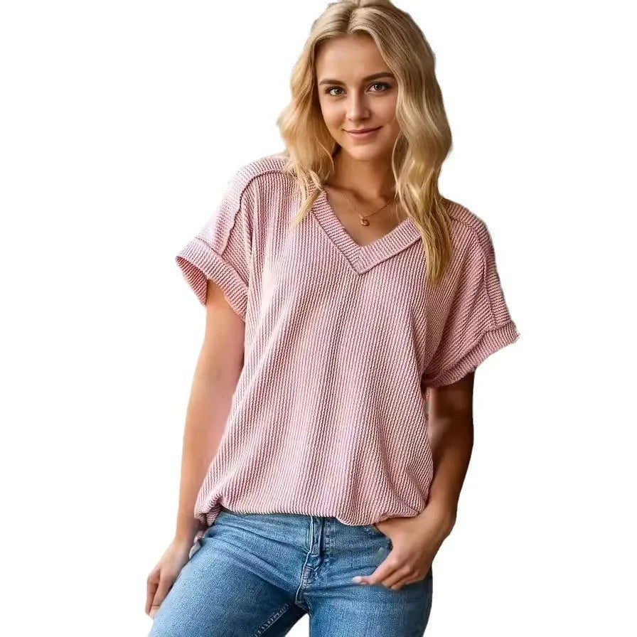 Tees- Everyday Ribbed Casual V-Neck T-Shirt for Women- Pink- Chuzko Women Clothing