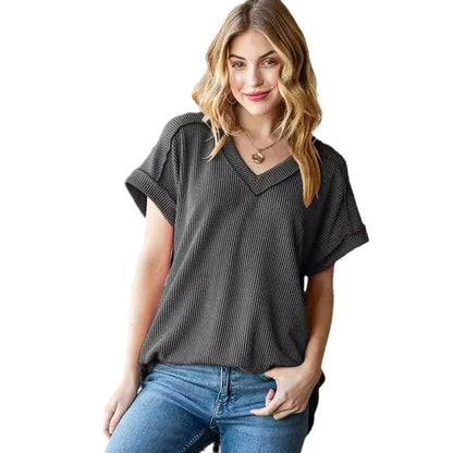 Tees- Everyday Ribbed Casual V-Neck T-Shirt for Women- Gray- Chuzko Women Clothing