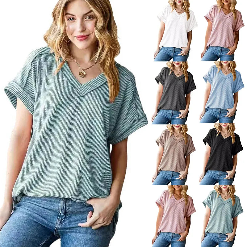 Tees- Everyday Ribbed Casual V-Neck T-Shirt for Women- - Chuzko Women Clothing