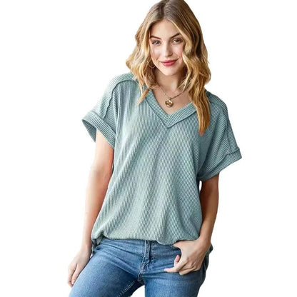 Tees- Everyday Ribbed Casual V-Neck T-Shirt for Women- Green Blue- Chuzko Women Clothing