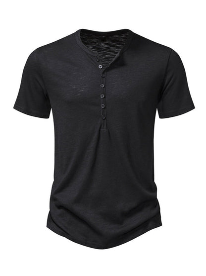 Tees- Men's Short Sleeve Solid Henley T-Shirt- Black- Chuzko Women Clothing