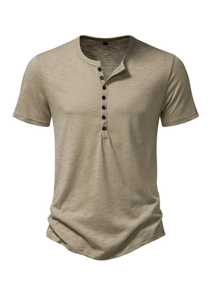 Tees- Men's Short Sleeve Solid Henley T-Shirt- Khaki- Chuzko Women Clothing
