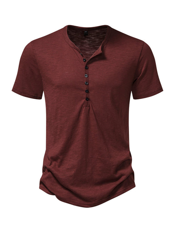 Tees- Men's Short Sleeve Solid Henley T-Shirt- Wine Red- Chuzko Women Clothing