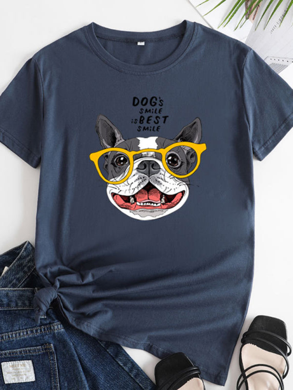 T-shirt en coton à manches courtes pour femmes Playful Pup Print