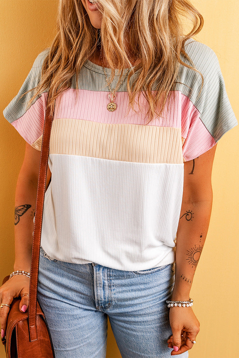 Soft Cotton Textured Color Block Tee for Women