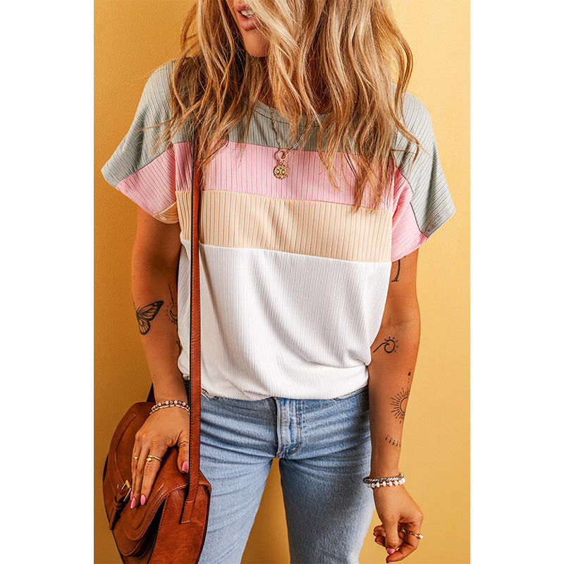 T-shirt color block texturé en coton doux pour femme 