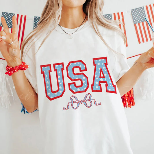 Tees- USA Patriotic Women's Flag Print Tee for Independence Day- White- Chuzko Women Clothing