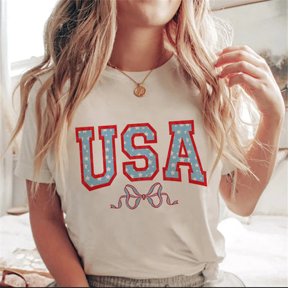 Tees- USA Patriotic Women's Flag Print Tee for Independence Day- - Chuzko Women Clothing