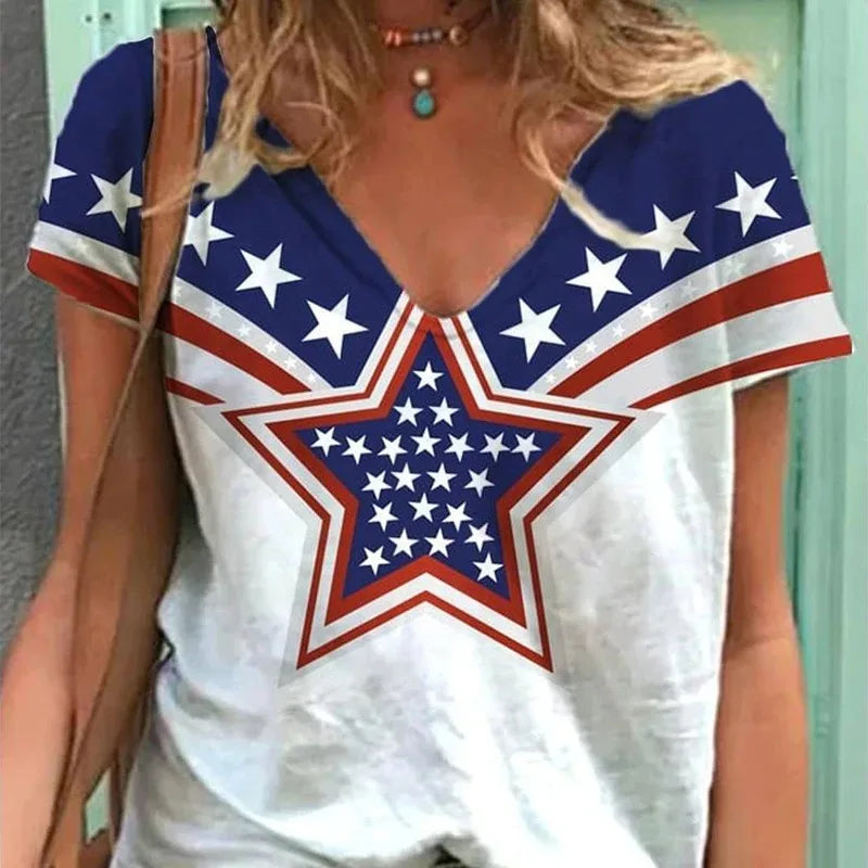Tees- USA Pride Tee Women's American Flag Graphic T-Shirt- American Flag Print 6- Chuzko Women Clothing