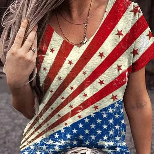 Tees- USA Pride Tee Women's American Flag Graphic T-Shirt- American Flag Print 5- Chuzko Women Clothing