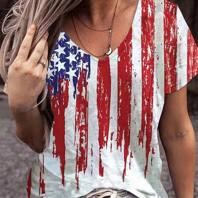 Tees- USA Pride Tee Women's American Flag Graphic T-Shirt- American Flag Print 3- Chuzko Women Clothing