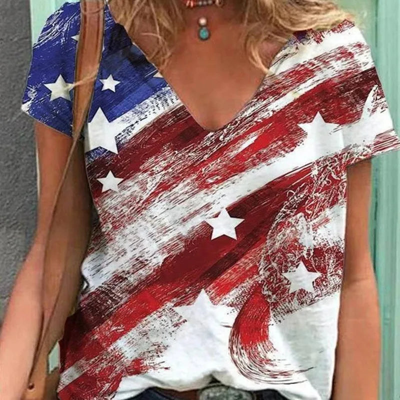 Tees- USA Pride Tee Women's American Flag Graphic T-Shirt- American Flag Print 4- Chuzko Women Clothing