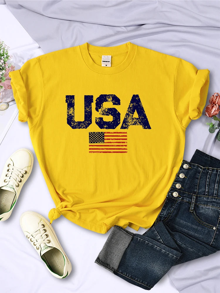 Tees- Women's American Flag T-Shirt for July 4th- Yellow- Chuzko Women Clothing