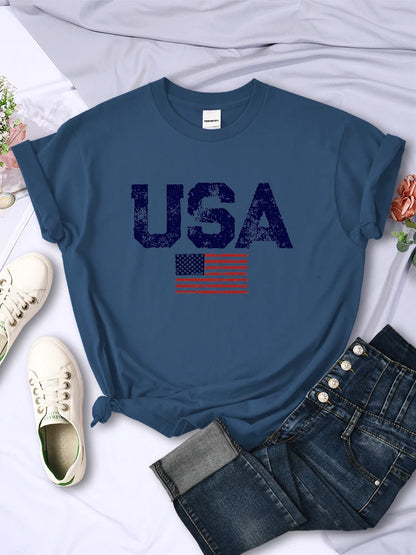 Tees- Women's American Flag T-Shirt for July 4th- Haze Blue- Chuzko Women Clothing