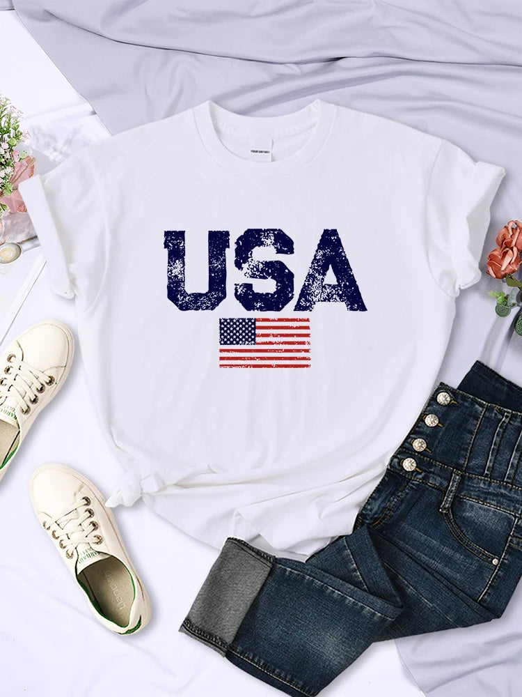Tees- Women's American Flag T-Shirt for July 4th- White- Chuzko Women Clothing