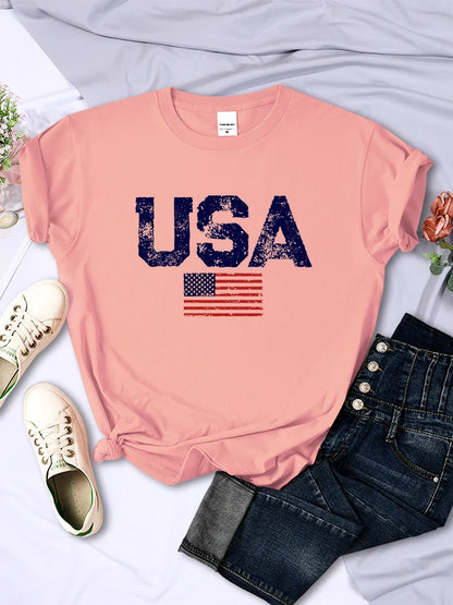 Tees- Women's American Flag T-Shirt for July 4th- Pink- Chuzko Women Clothing