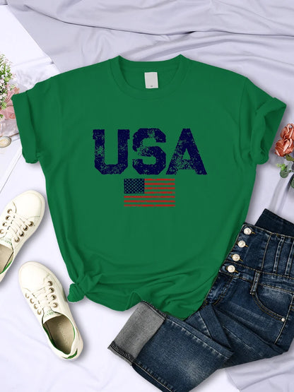 Tees- Women's American Flag T-Shirt for July 4th- Green- Chuzko Women Clothing