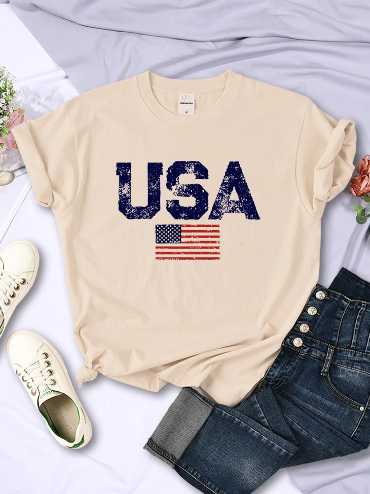 Tees- Women's American Flag T-Shirt for July 4th- Khaki- Chuzko Women Clothing