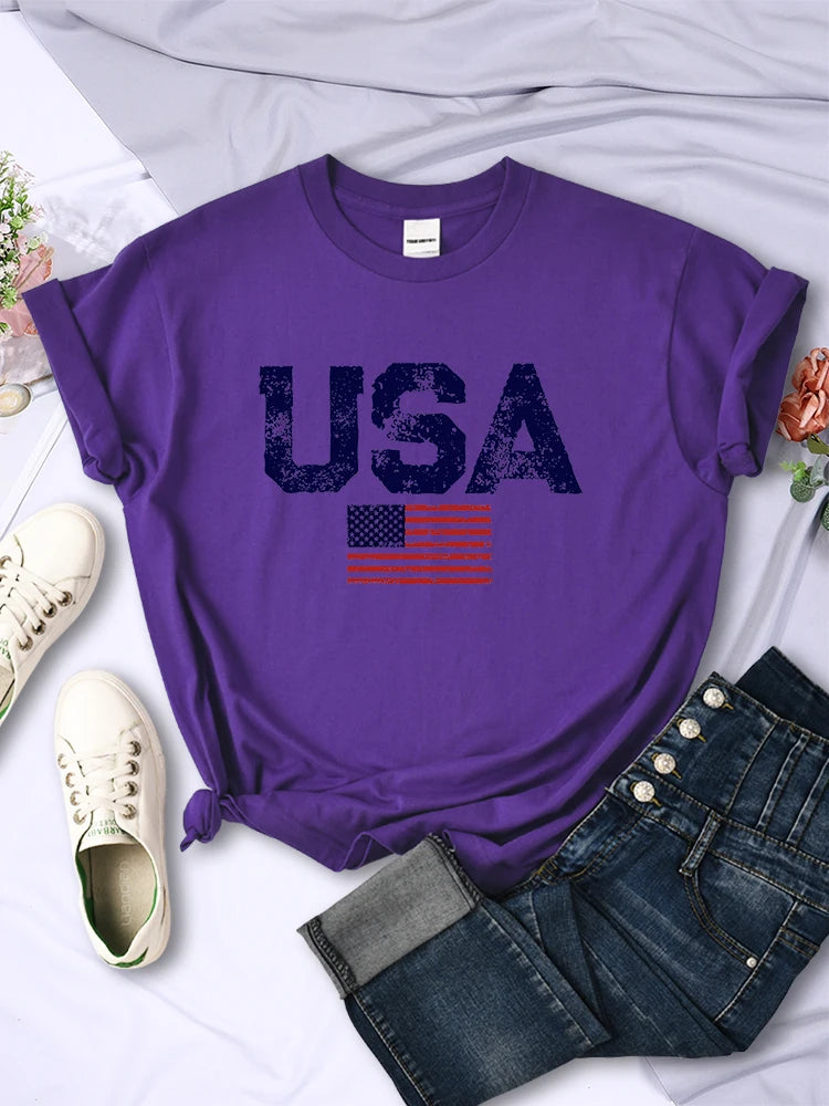 Tees- Women's American Flag T-Shirt for July 4th- Purple- Chuzko Women Clothing