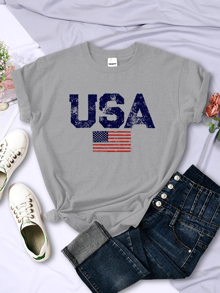 Tees- Women's American Flag T-Shirt for July 4th- Gray- Chuzko Women Clothing
