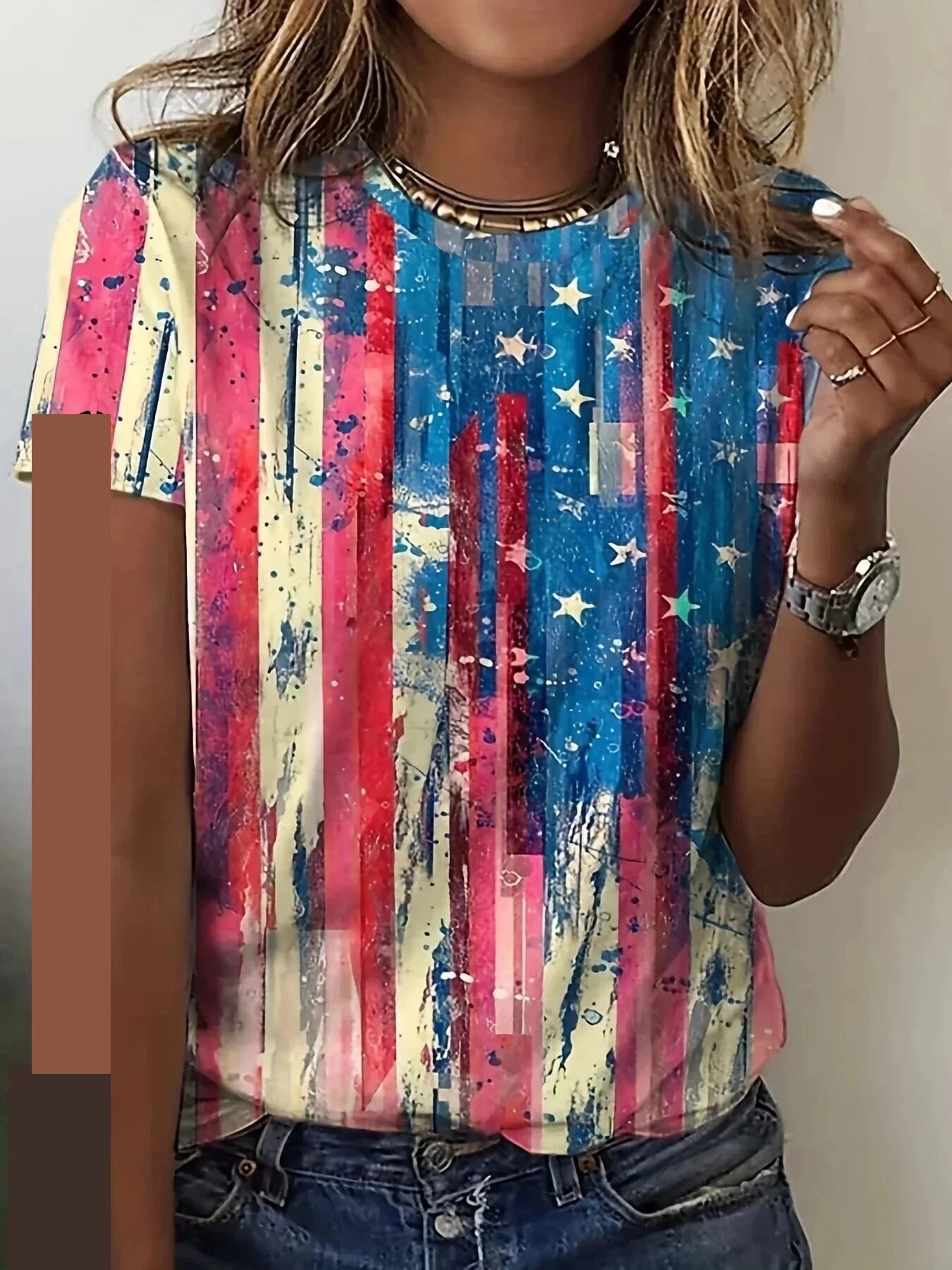 Tees- Women’s Patriotic Print T-Shirt for National Celebrations- Pink- Chuzko Women Clothing