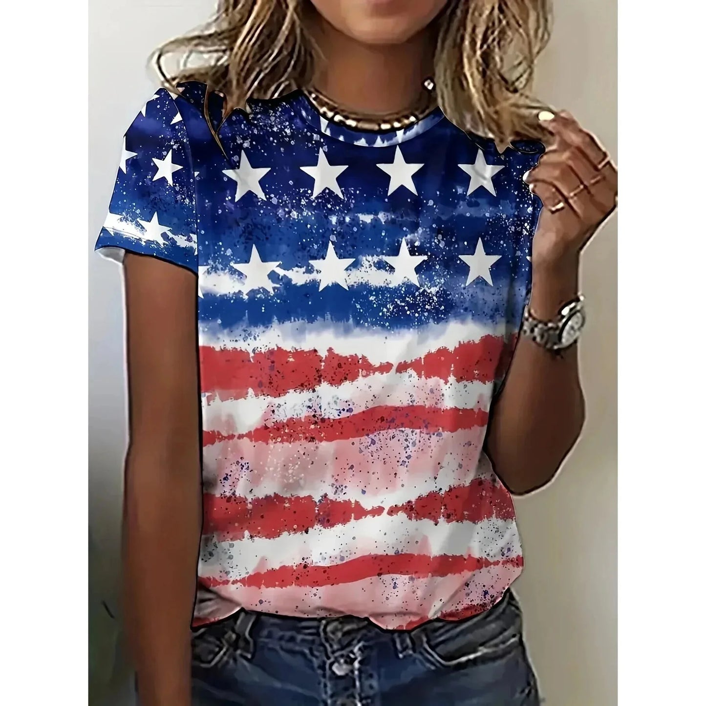 Tees- Women’s Patriotic Print T-Shirt for National Celebrations- American Flag Print- Chuzko Women Clothing