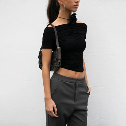 Tees- Women's Slim Fit Off-Shoulder Tee- Black- Chuzko Women Clothing