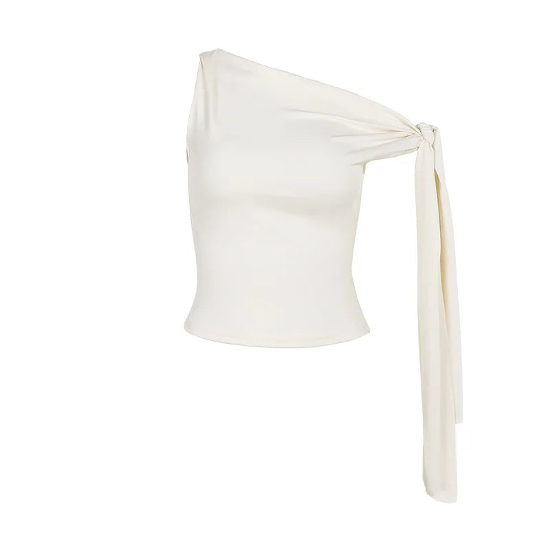 Tops- One-Shoulder Cream Top with Bow Detail- - Chuzko Women Clothing