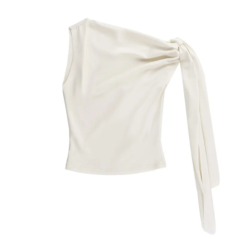 Tops- One-Shoulder Cream Top with Bow Detail- - Chuzko Women Clothing