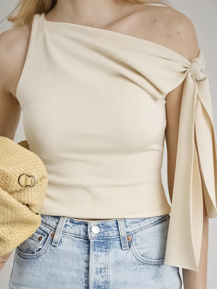 Tops- One-Shoulder Cream Top with Bow Detail- Apricot- Chuzko Women Clothing