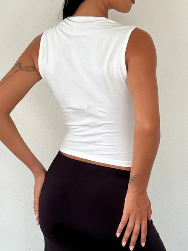 Ribbon-Adorned Women's Slim Fit Tank Solid Sleeveless Top
