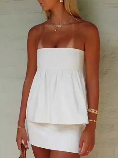 Tops- Summer Solid Cotton Peplum Strapless Tube Top for Women- White- Chuzko Women Clothing