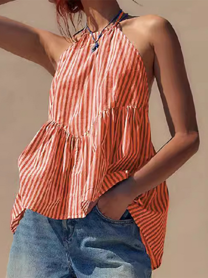 Tops- Women's Backless Peplum Top with Stripes- Orange- Chuzko Women Clothing