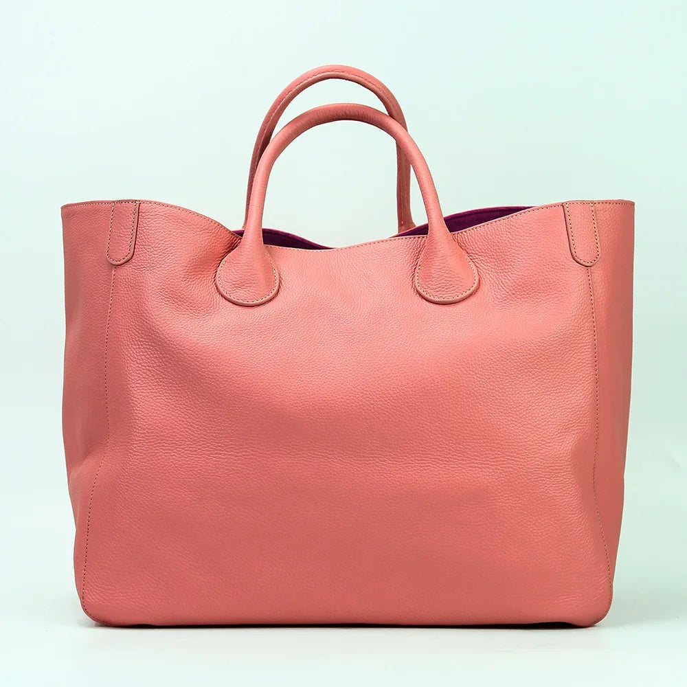 Tote Bags- Large Genuine Leather Shopper Tote Bag- Pink- Chuzko Women Clothing