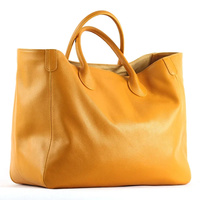 Tote Bags- Large Genuine Leather Shopper Tote Bag- Yellow- Chuzko Women Clothing