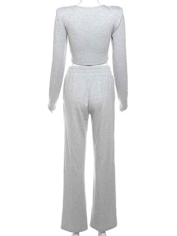 Traxksuits- High Waisted Sweatpants & Crop Tee - Sporty 2 Piece Tracksuit- - Chuzko Women Clothing