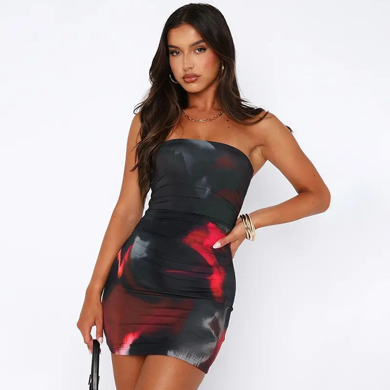 Tube Dresses- Night Out Abstract Strapless Bodycon Dress- - Chuzko Women Clothing