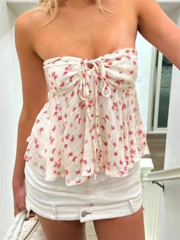 Peplum Tube Top with Tie-Up Front in Floral Print
